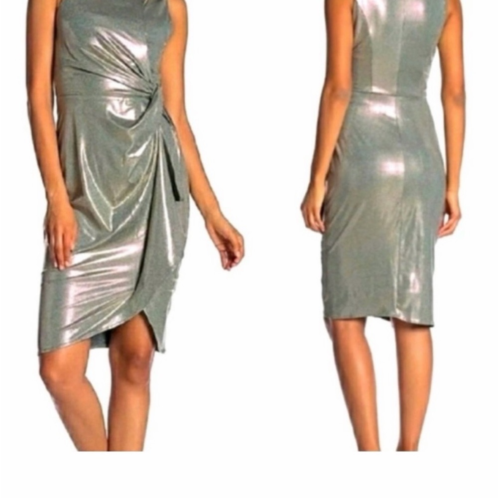 Metallic Silver Draped Midi Dress